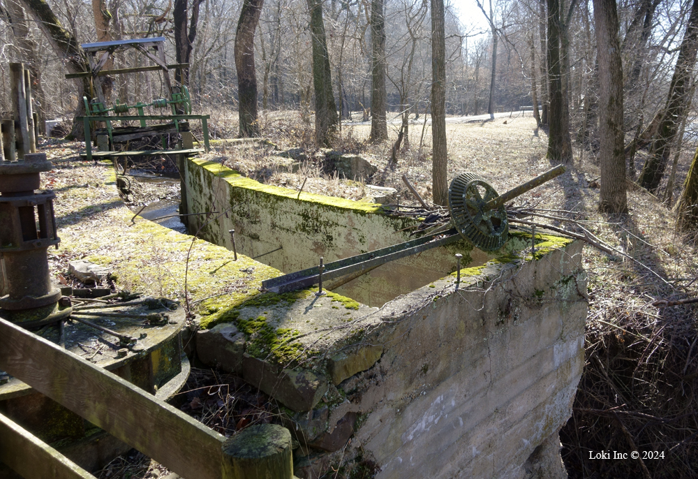 Turbine penstock, turbine and turbine control shaft with gear for earlier Britain Mill